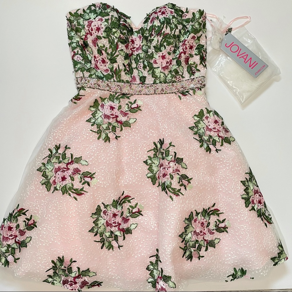 Jovani Pink Floral Strapless Prom Dress
